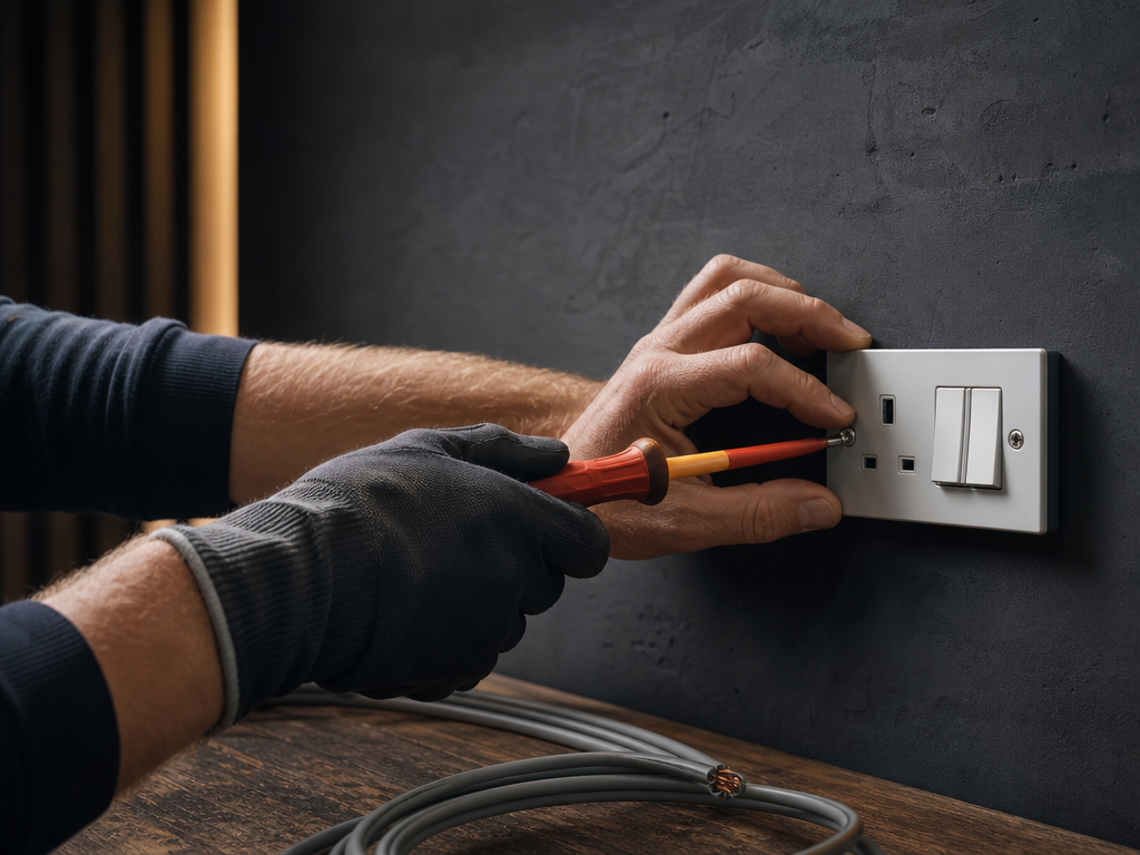 Electrician carefully finishing a wall socket