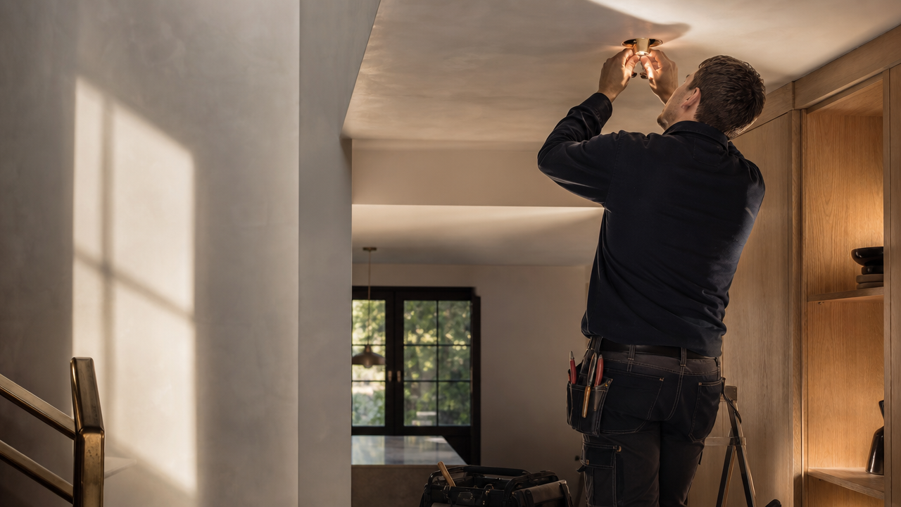 Electrician fitting a light in a refined home interior